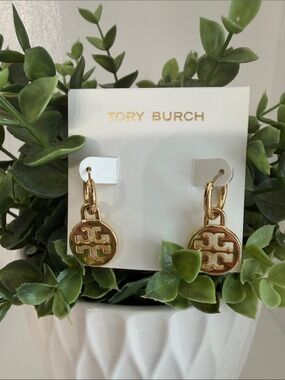 Tory Burch Gold-Tone Logo Hoop Drop Earrings